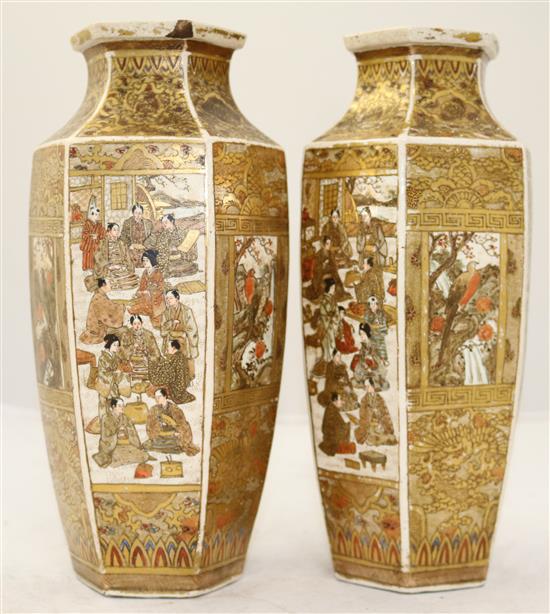 A pair of Japanese Satsuma pottery hexagonal baluster vases, Meiji period, 24cm